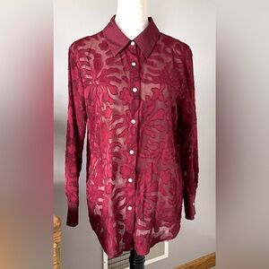 Burgandy Red shear button up blouse top abstract floral fabric design size small